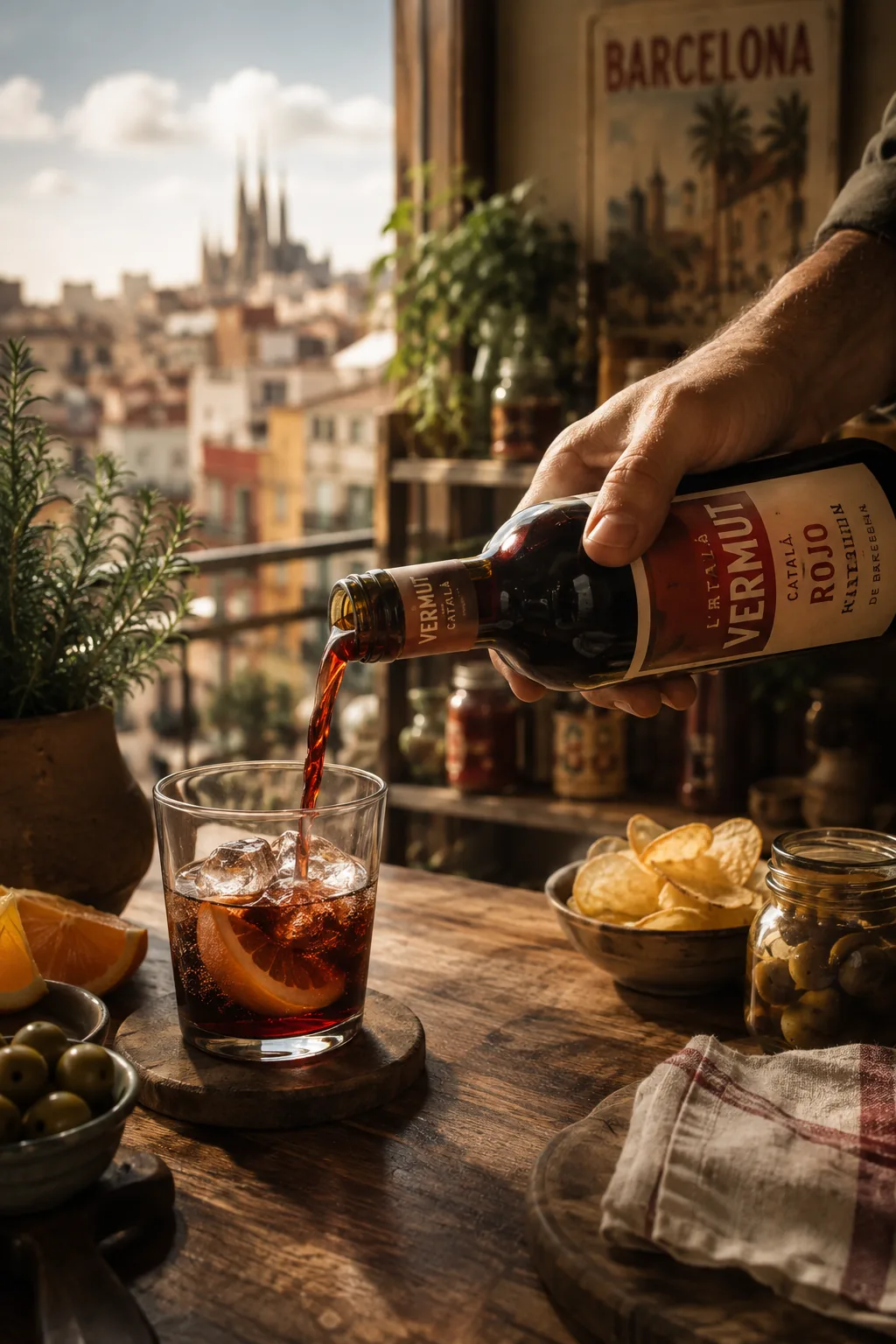 Vermut thuis schenken zoals in Barcelona: glas met ijs, sinaasappel en olijf