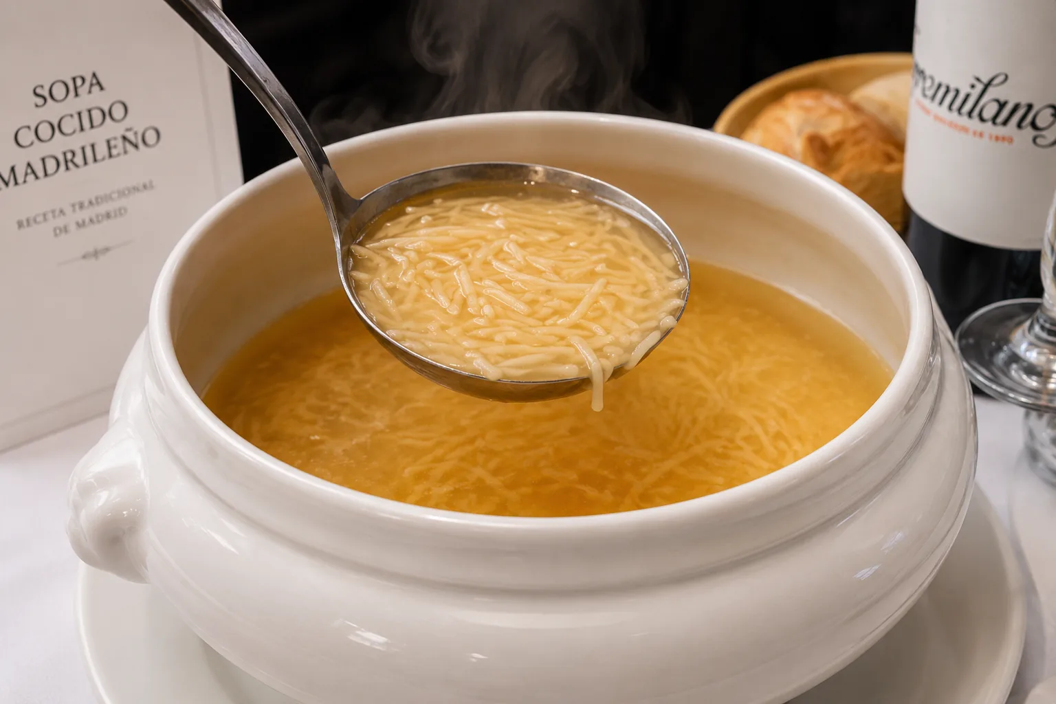 Sopa de fideos uit de bouillon van cocido madrileño