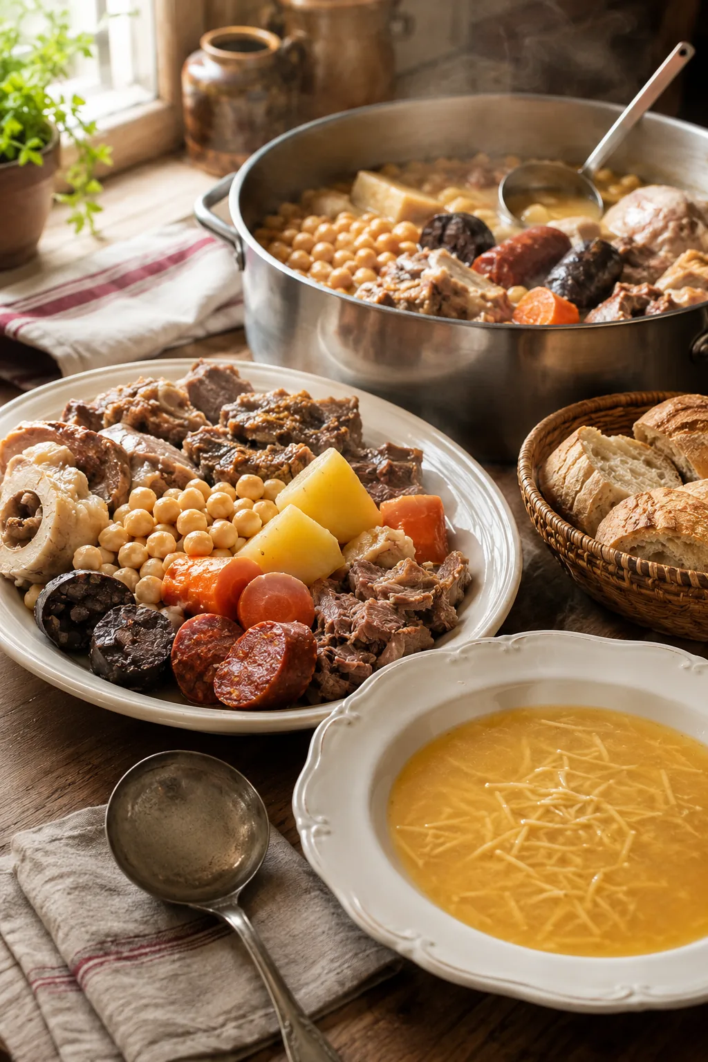 Cocido madrileño thuis: de pot op tafel, een schaal met vlees, kikkererwten en groenten, en een bord soep met fideos