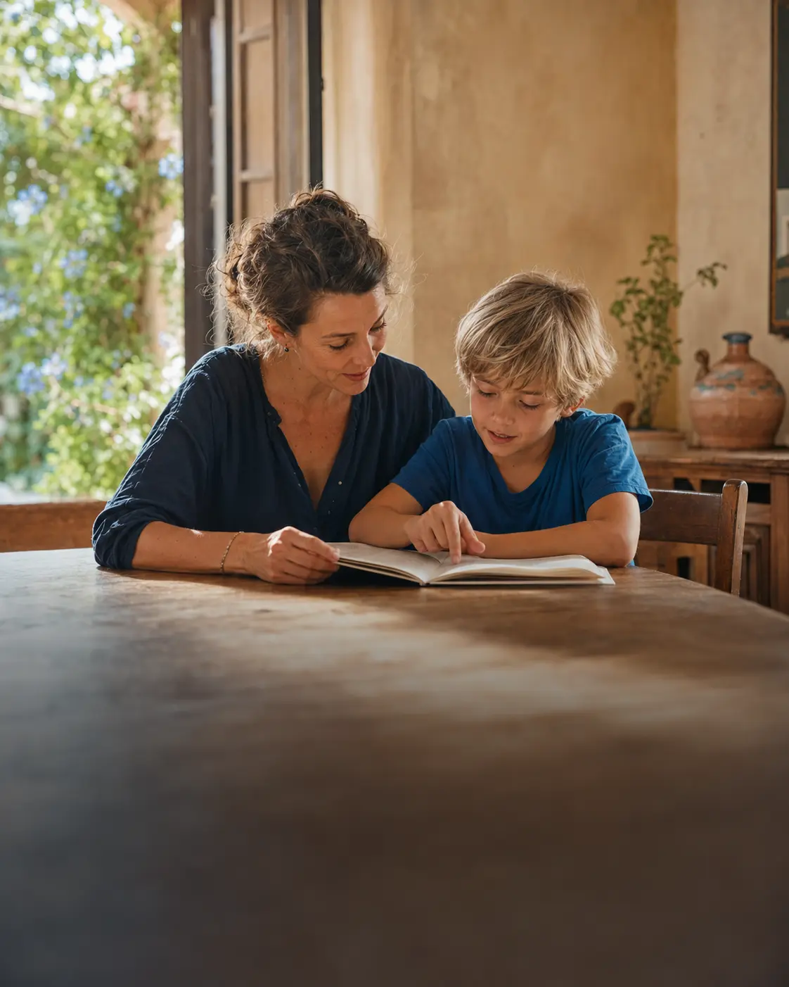Ouder en kind lezen samen in hun Spaanse woonomgeving