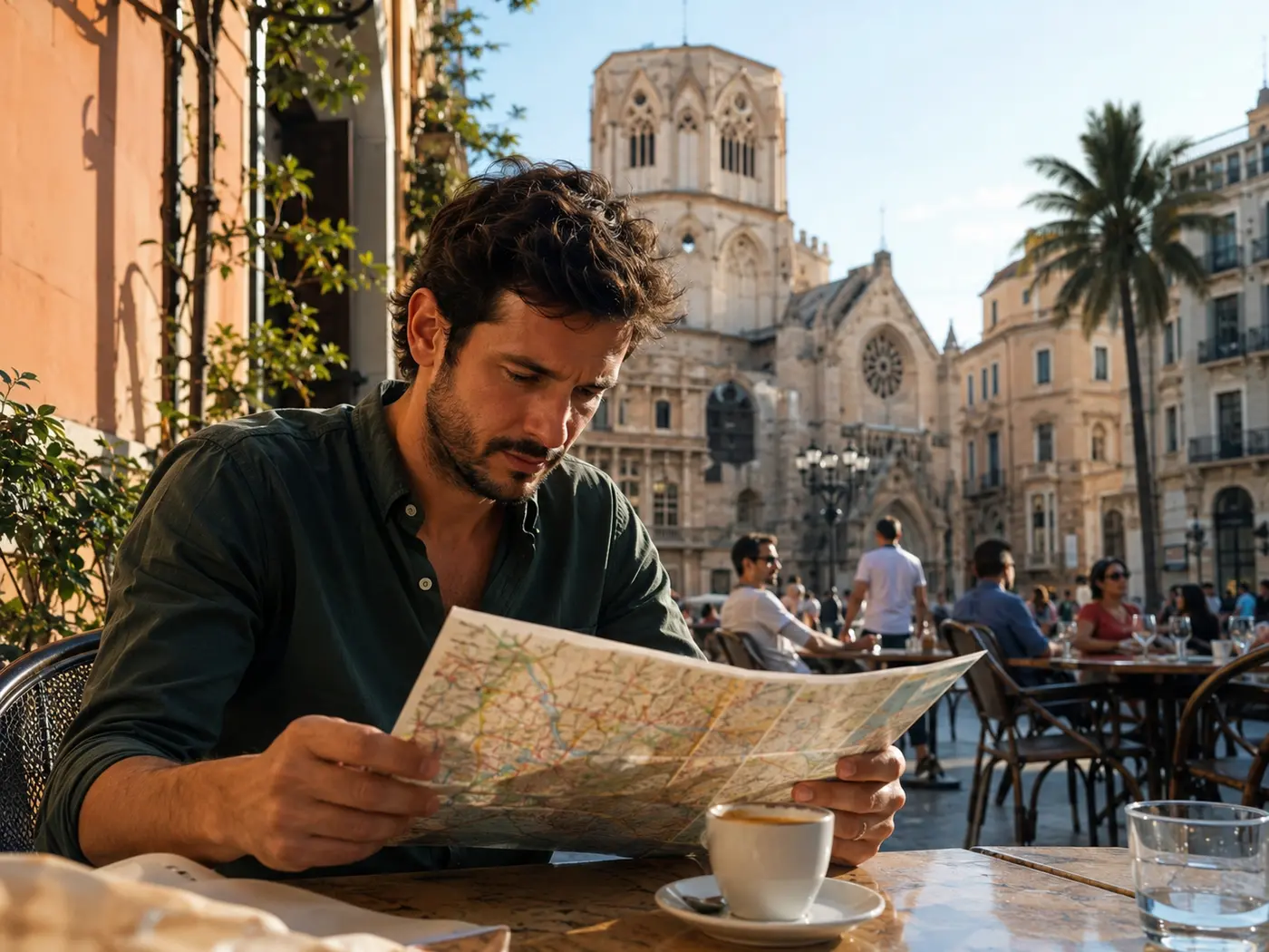 Reiziger verkent Valencia met een kaart op een zonnig terras