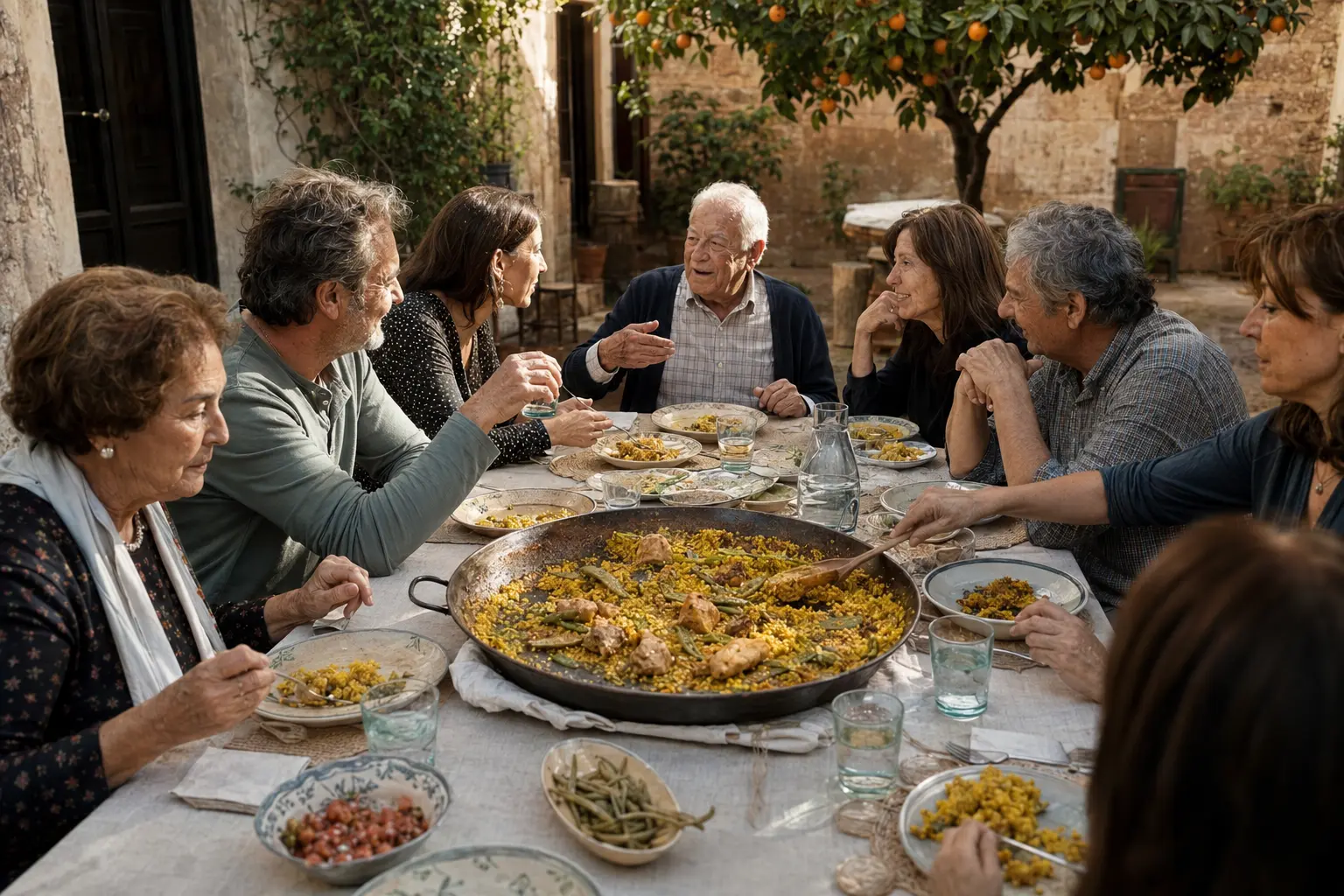 Mensen delen samen Paella Valenciana tijdens een lange lunch in Valencia