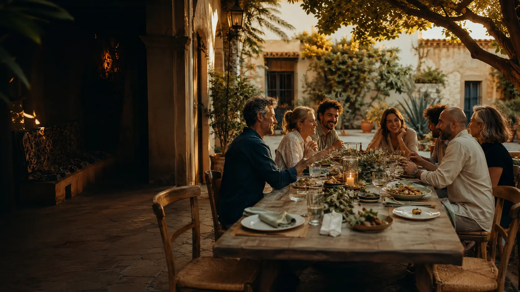 Mensen delen verhalen aan een lange tafel in een Spaanse binnenplaats