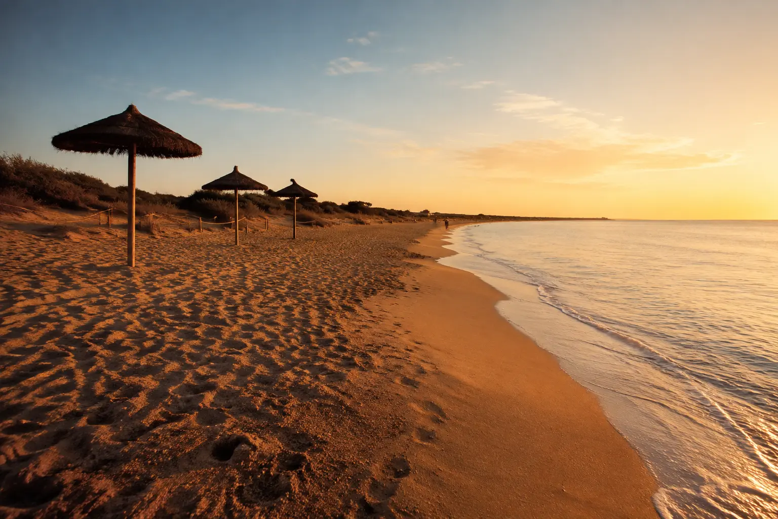 Sfeervolle mediterrane zandkust in Spanje bij zonsondergang